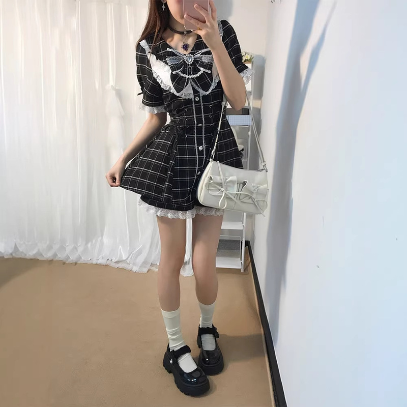 A Complete Set of Plaid Dresses for Petite Women, Summer Short-Sleeved Shirt Dresses, Lace-Trimmed Shorts, Uniform Suits, Trendy A Complete Set of Plaid Dresses for Petite Women, Summer Short-Sleeved Shirt Dresses, Lace-Trimmed Shorts, Uniform Suits, Trendy
