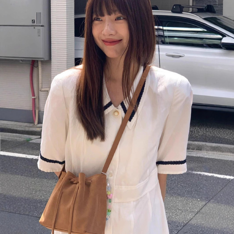 Factory Direct Sale Korean Niche Fever-Style Lapel Color-Block Striped Shirt Dress Factory Direct Sale Korean Niche Fever-Style Lapel Color-Block Striped Shirt Dress