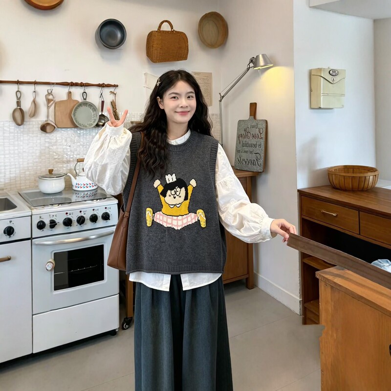 Cartoon embroidered knitted vest, new autumn/winter style, loose-fitting, sleeveless sweater vest, Korean-style layering piece, versatile outerwear Cartoon embroidered knitted vest, new autumn/winter style, loose-fitting, sleeveless sweater vest, Korean-style layering piece, versatile outerwear