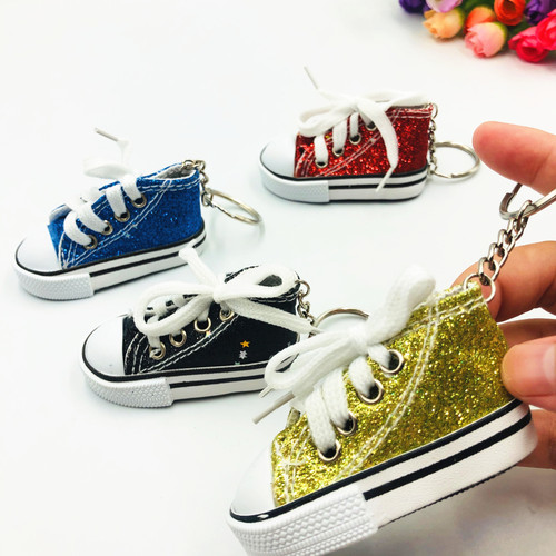 Mini simulation bright gold powder canvas shoes keychain ring pendant sports shoes luggage car pendant creative gift