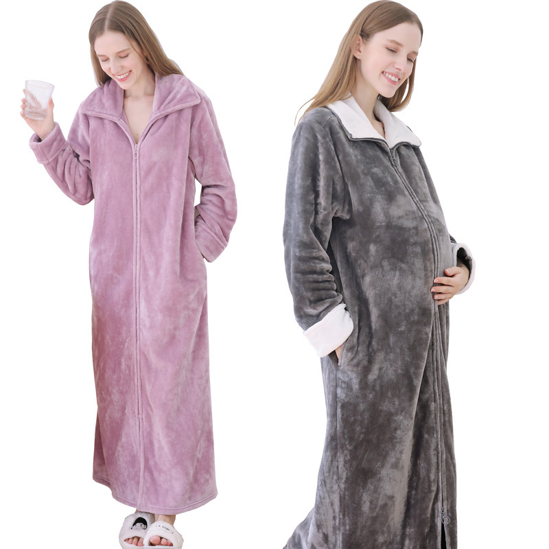 2022 Amazon Autumn and Winter Zipper Flannel Bathrobe Women's Extra Large Nightgown Pregnant Women's Pajamas Coral Fleece Nightgown