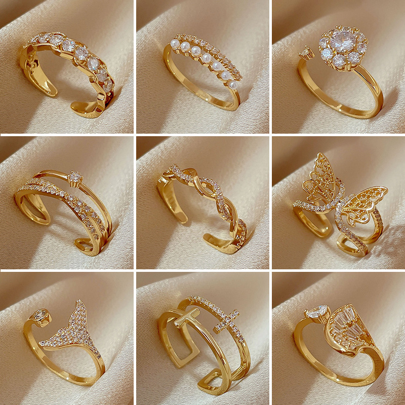Women'S Gender Inlay Design Retro Triangle Flower Fish Tail Brass Inlay Artificial Pearls Rhinestones Open Ring