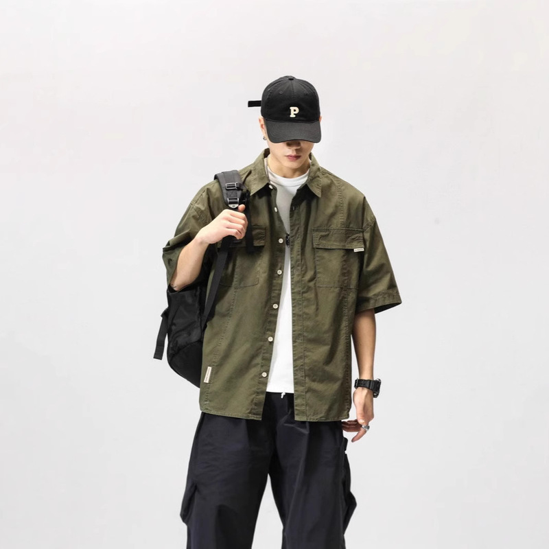Workwear Short-sleeved Shirt Men's High-end Sense of the Ruckie Handsome Army Green Ins Fashion Brand Japanese Style Street-fried Distinctive Half-sleeved Shirt