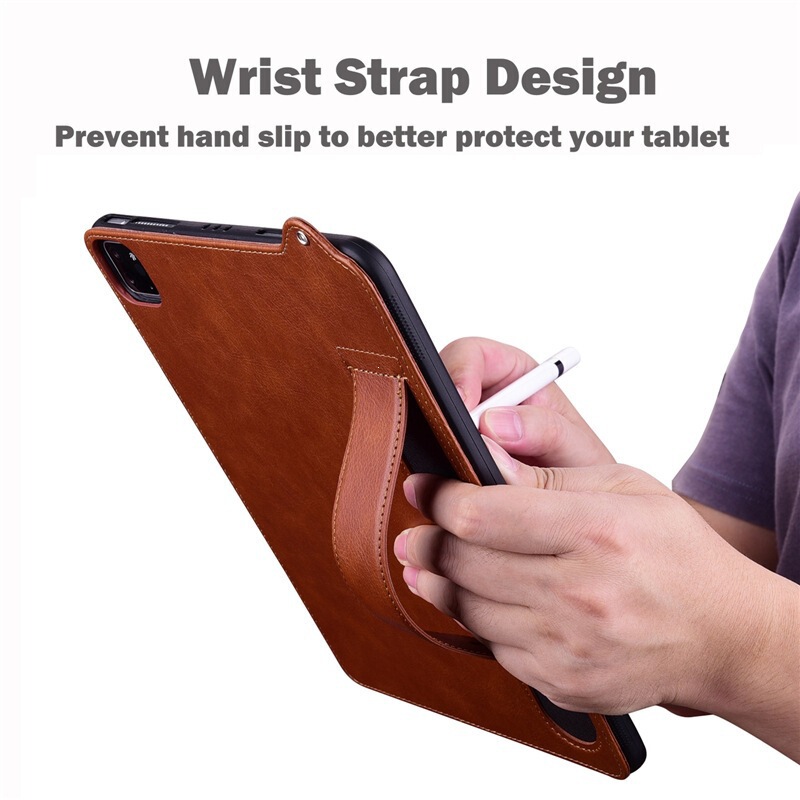 Suitable for iPad Pro13 Protective Case, Samsung Taba9+ Solid Color Crazy Horse Pattern Wrist Strap Stand, Anti-Fall Tablet Leather Case