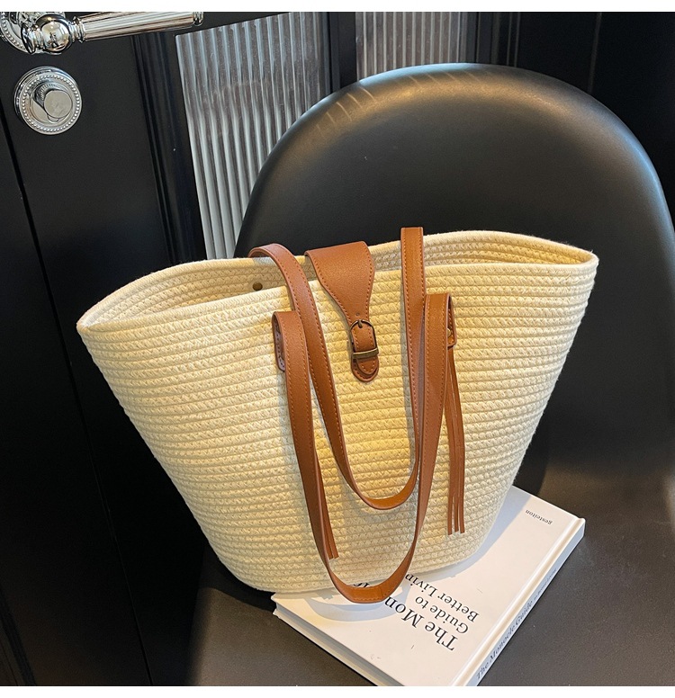 1125g Weight Weave Fashion Element Lock clasp Closure Type Double Shoulder Straps Strap Type Straw Bag Bags Type Casual Occasion cotton rope Material Solid Color Pattern Spring&Summer Season Women's Gender Beach Style Bucket Shape Large Size Women's Large Cotton Rope Solid Color Beach Weave Bucket Lock Clasp Straw Bag 24