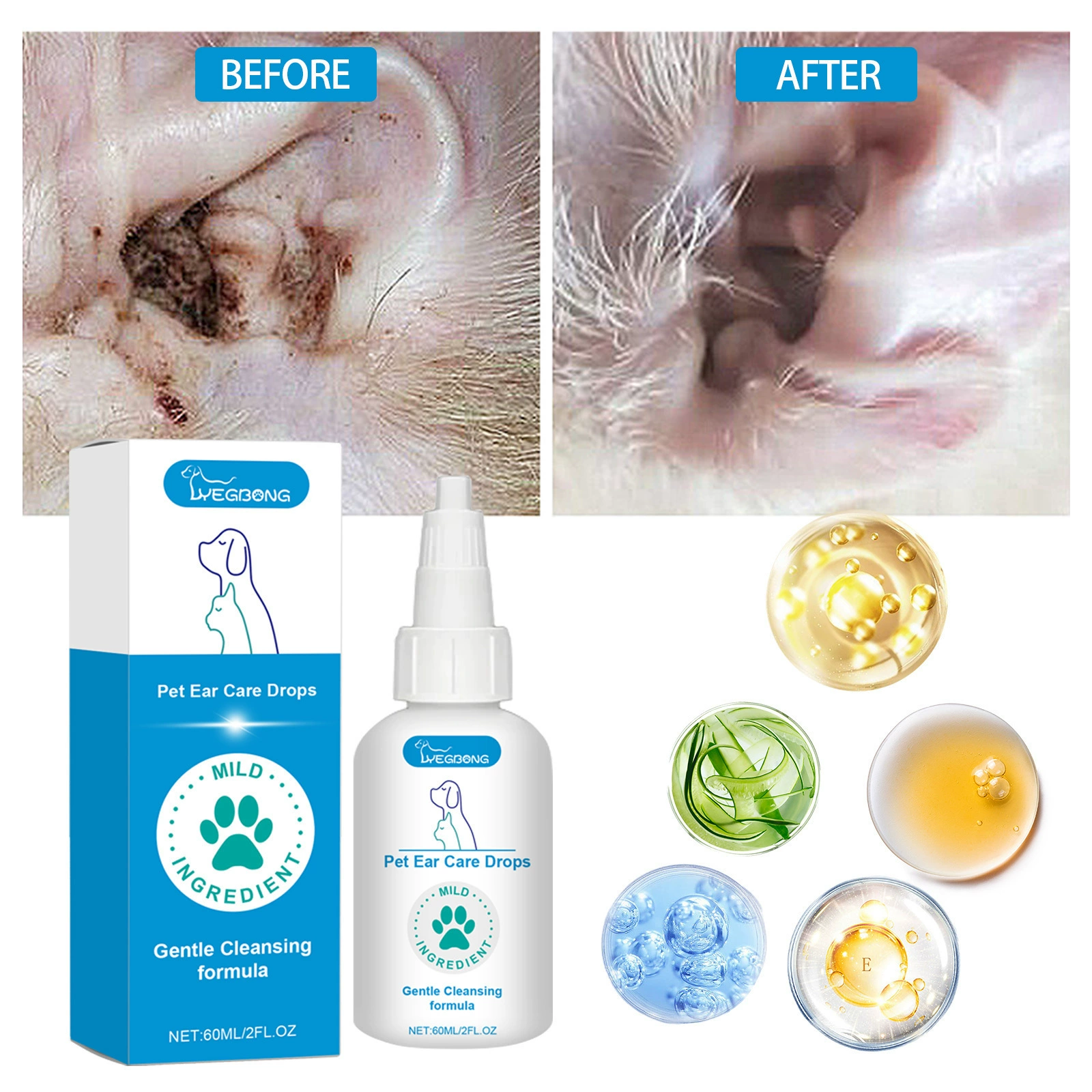 Yegbong Pet Ear Care Drops Очищение ушей собак и кошек и капли для ухода за ушными клещами и ушной серой