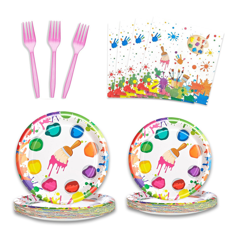 Watercolor Graffiti Brush Party Dinner Plate suit Children's Birthday Disposable Tableware Plate Cups Holiday Party Supplies