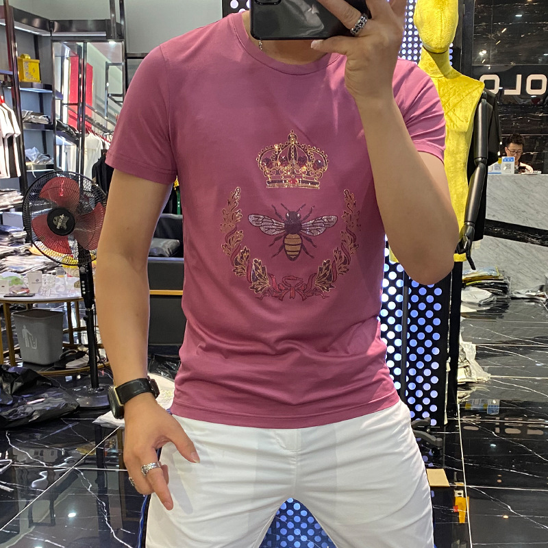 T-shirt à manches courtes pour hommes en soie glacée 2021, nouveau modèle d'été imprimé couronne petite abeille_voghion.com
