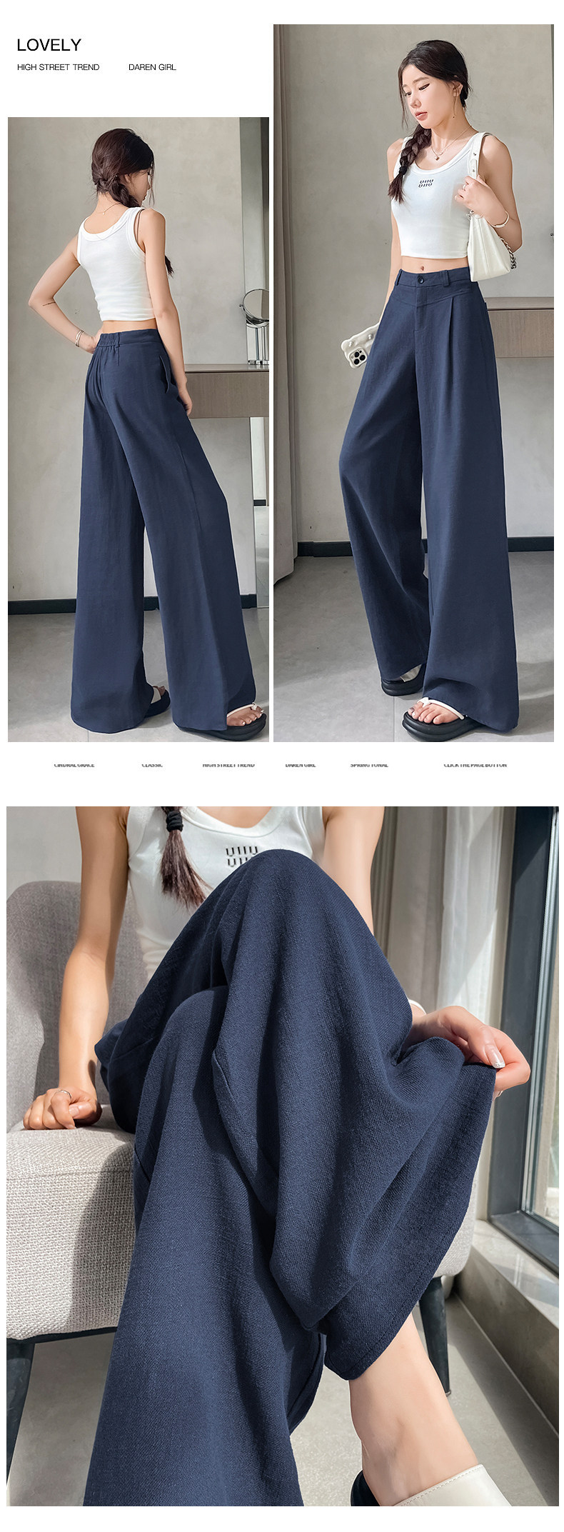 Quần culottes nữ ống rộng cạp cao vải linen phối cotton mềm mại, form suông rộng thoải mái — Trắng Extended chi tiết 22