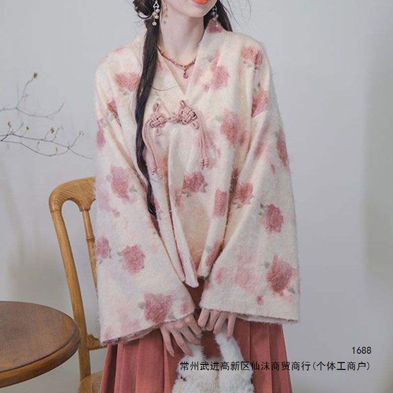 Zen-inspired tea-themed Mori-style casual wear, V-neck, wide-sleeved printed Tang-style jacket/top, new autumn style.