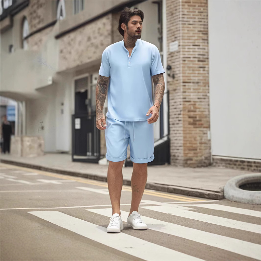 Cross-Border Summer New European And American Men's T-Shirt Henley Shirt Casual Loose Shorts Short-Sleeved Solid Color_voghion.com
