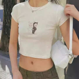 BM风 Brandy同款美式复古棉圆领卡通兔耳朵天使短袖辣妹T恤女显瘦
