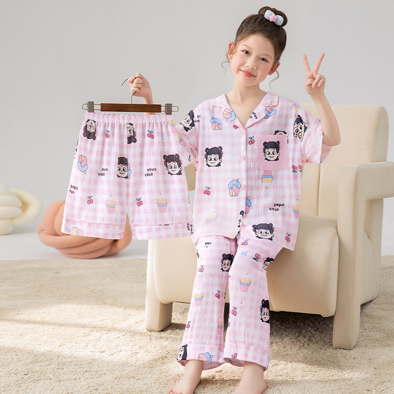 Pijamas para niños niñas de verano delgada ropa de bebé 2026 nuevo conjunto de hielo de seda de tres piezas