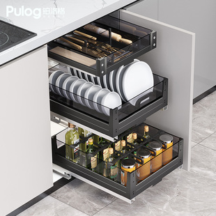 ft kitchen seasoning basket cabinet double three-layer tool basket drawer type pot dish rack glass partition