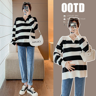 Pregnant Women Striped Lapel Autumn Loose Fashion Slim Sweater Knitted Top Belly Jeans suit