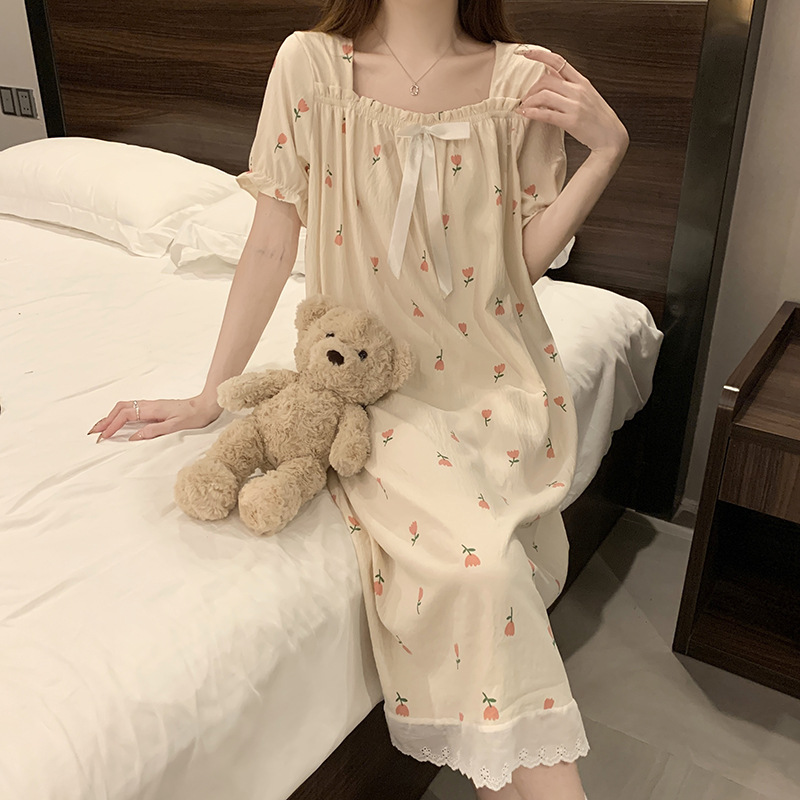 2025 nuevo verano vestido de pijama de mangas cortas nube de algodón de mujer princesa dulce vestido de casero vestido largo se puede usar fuera