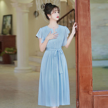 2024夏季新款韩版法式温柔修身裙子显瘦垂坠感小飞袖优雅连衣裙女