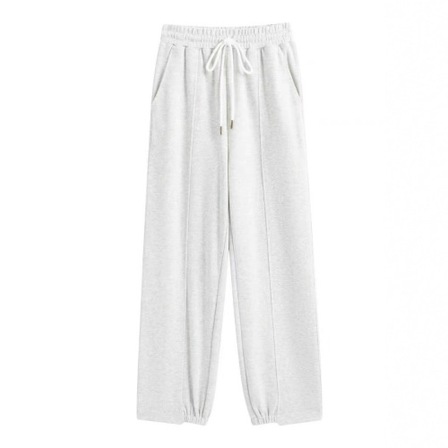 Gray American-style jogger pants with fleece lining, extra-thick fabric, high waist, casual straight-leg design, street-style loose fit, and elegant, flowing wide-leg silhouette