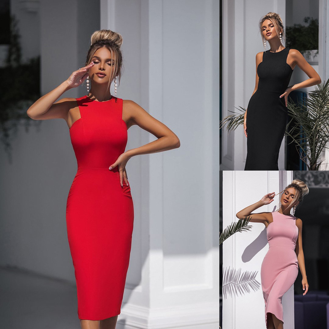 318g Weight Midi Dress Dress Length Type A-Line Skirt Dresses Type Wholesale Women'S Sexy Patchwork Solid Color Banquet Round Neck A-Line Skirt
