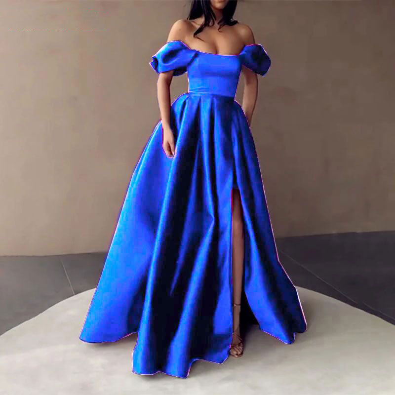 Europeo y americano Amazon AliExpress deseo nuevo vestido de cena de satén de hombro simple elegante adelgazamiento A-Line
