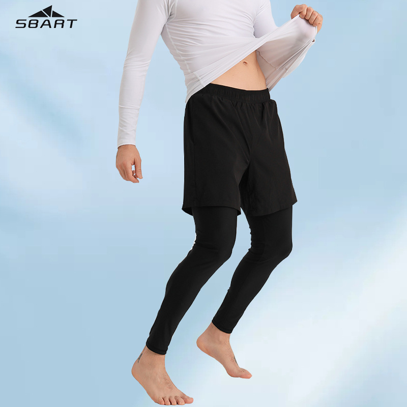 Fake Two-Piece Sports Men's Elastic Tight Running Fitness Trousers Training Quick-Drying Double-Layer Breathable Trendy Beach Pants