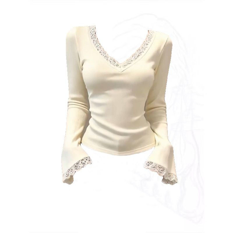 Spicy Girl Lace Patchwork V-Neck Base Shirt for Women, Spring, Autumn, Winter, Flared Sleeves, Waist-Cinching, Stylish T-Shirt