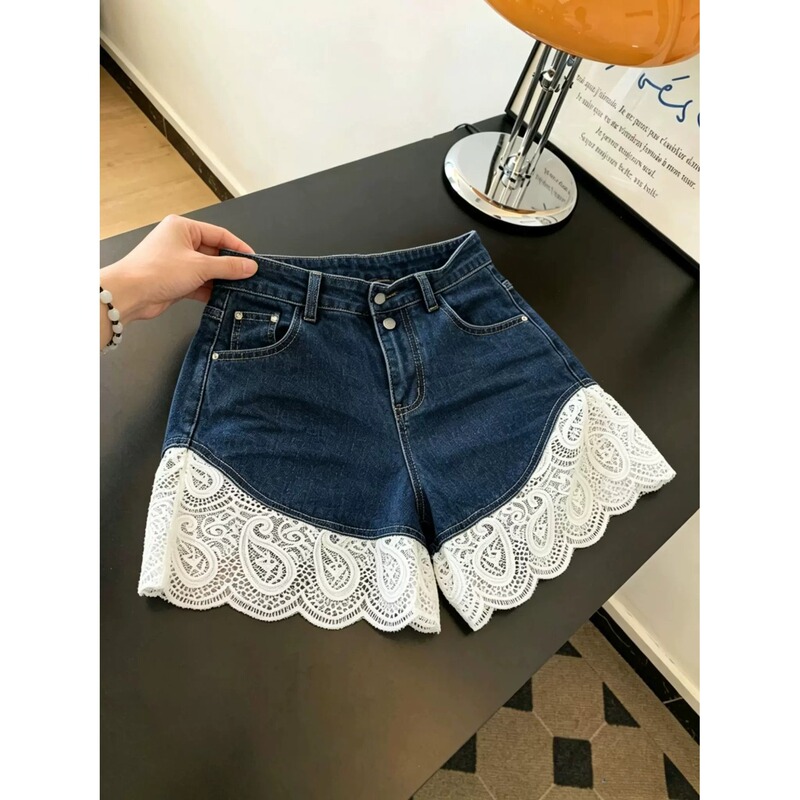 Unique High-Waisted Slimming Lace Patchwork Denim Shorts, 2026 Summer New Style, Loose Lace Wide-Leg Pants for Plus-Size Women