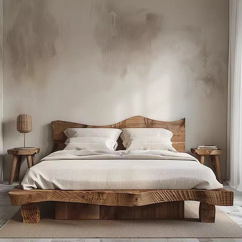 All Solid Wood Bed Log 1.8m Master Bedroom Wabi-Sabi Style Double Bed Modern Simple Direct Sales Bed Suitable for Home Use Wedding Bed