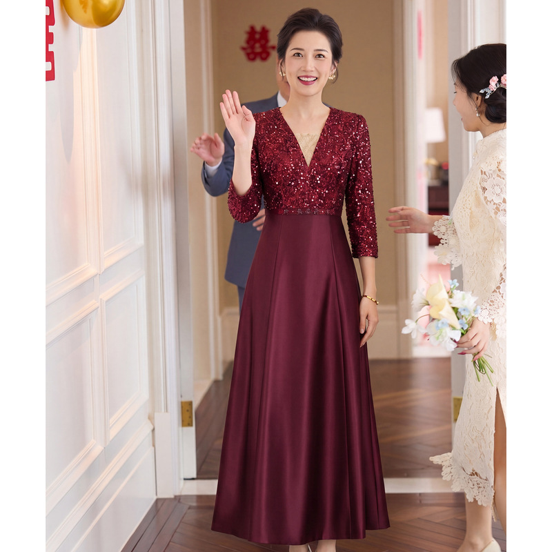 Zhili's Mother-In-Law's Wedding Banquet Dress 2026 Summer New Style Three-Quarter Sleeve Tummy-Concealing Slimming Burgundy Long Dress Zhili's Mother-In-Law's Wedding Banquet Dress 2026 Summer New Style Three-Quarter Sleeve Tummy-Concealing Slimming Burgundy Long Dress