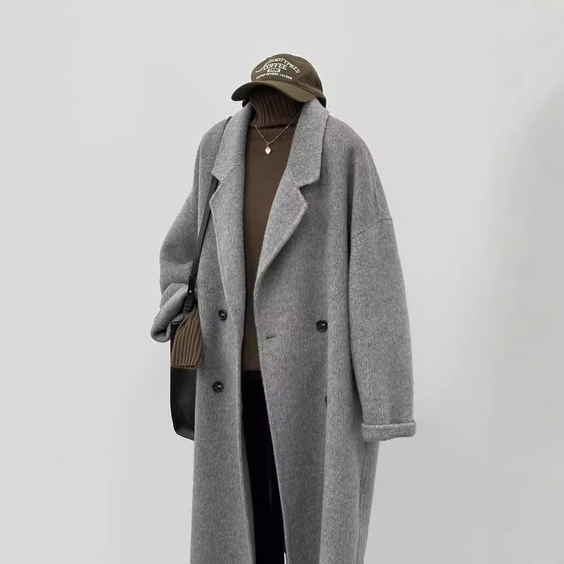 High-grade Grey Long Hair Thick Double-sided Wool Coat Women's Autumn and Winter All-match Loose plus size Mid-length Wool Coat