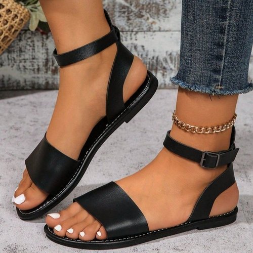 Women's Summer Open-Toe Simple Flat Roman Sandals with Metal Single Buckle, Large Size, Four-Season Cool Shoes for Students
