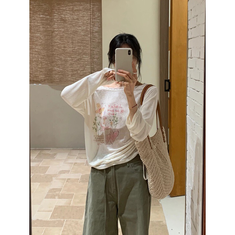 Brivin White Printed Ice Silk Stretch T-Shirt for Women, New Summer Style, Sun-Protective, Off-Shoulder, Lace Trim, Loose Fit, Slimming Top Brivin White Printed Ice Silk Stretch T-Shirt for Women, New Summer Style, Sun-Protective, Off-Shoulder, Lace Trim, Loose Fit, Slimming Top