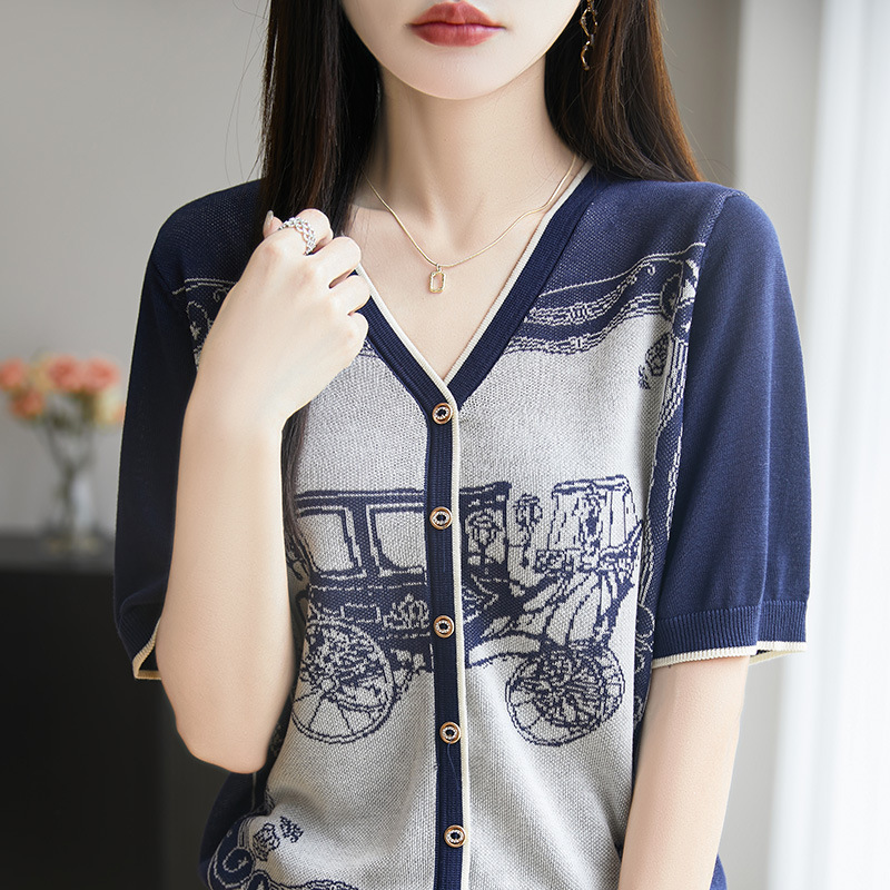 Tencel Lyocell Korean Style Color-Blocked Knitted Short-Sleeved Cardigan Summer New High-End Jacquard Loose and Versatile Top Tencel Lyocell Korean Style Color-Blocked Knitted Short-Sleeved Cardigan Summer New High-End Jacquard Loose and Versatile Top