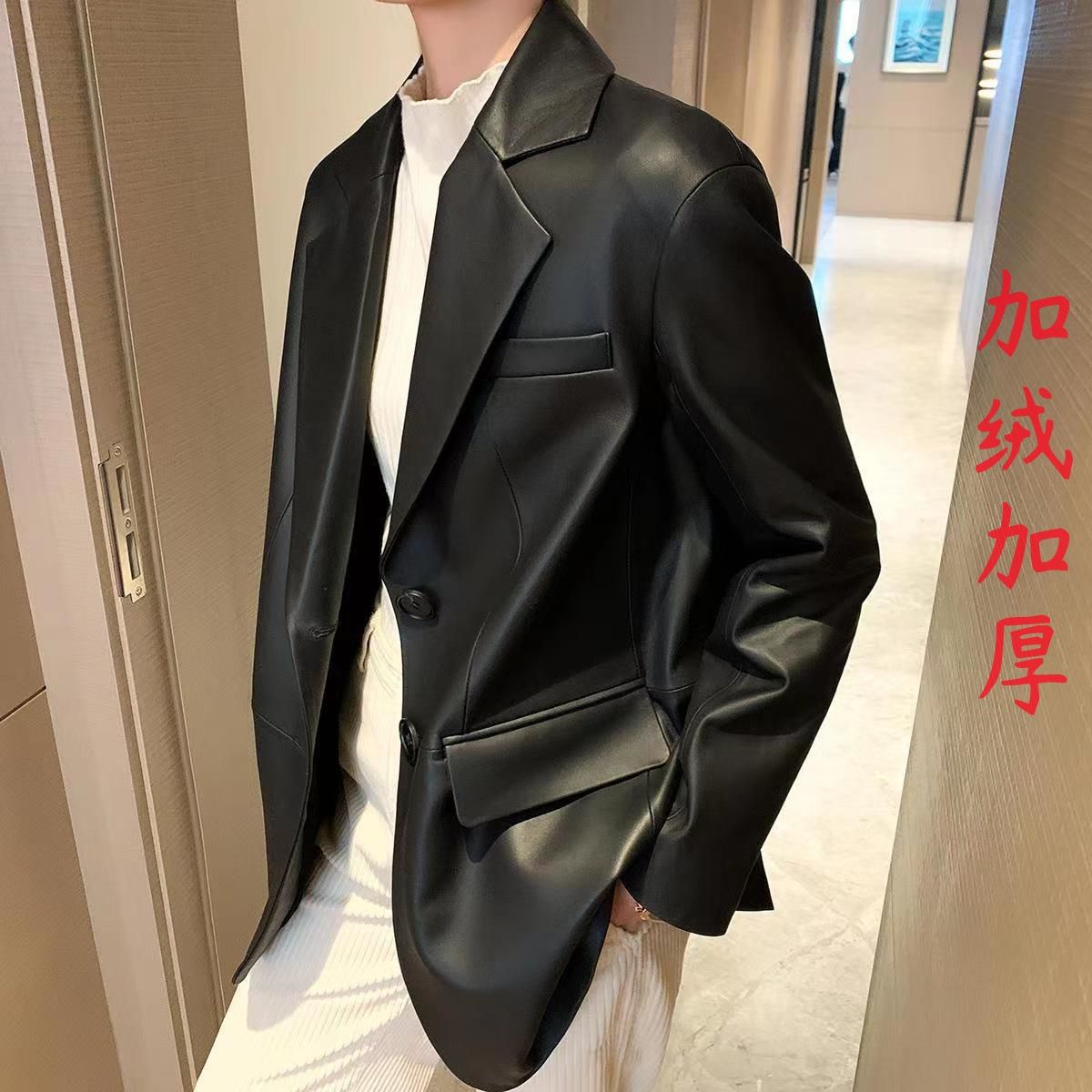 Suit Leather Jacket Women's Winter Velvet Mid-Length New Style Slim and Fashionable Loose Korean Style Suit