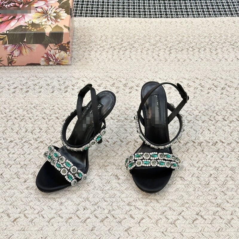 Double-Row Rhinestone Strap Sandals, Feminine High-Heeled Shoes, Genuine Leather Open-Toe Sandals, High Heels Sandals
