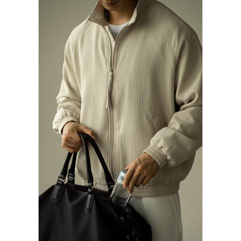 Lightweight Bubble Vertical Stripe Jacquard Zipper Jacket for Men 2025 Autumn Casual Stand Collar Thin Jacket for Men