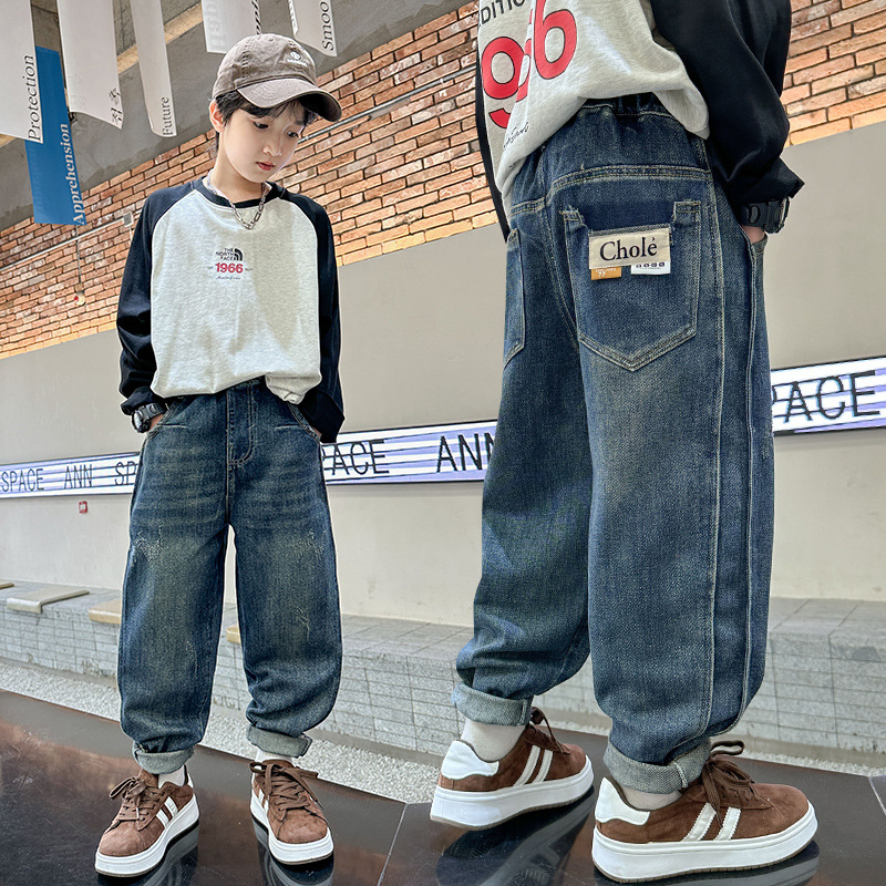 Boy's Jeans Spring and Autumn Style 2024 New Model Middle to Large Child Trendy Cool Casual Pants Children Loose Spring Outfit Fashion