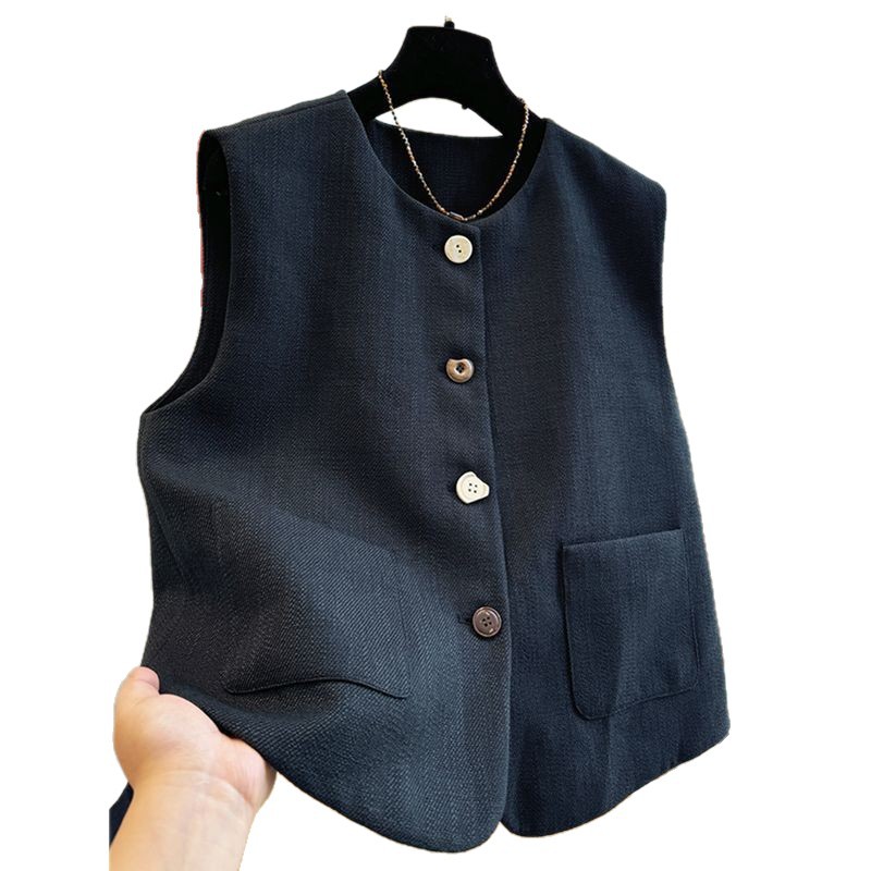 Primavera y otoño temperamento de cuello redondo pequeño traje chaleco chaleco chaqueta temperamento francés de mujer vestido exterior sin mangas hombros de la parte superior image 5