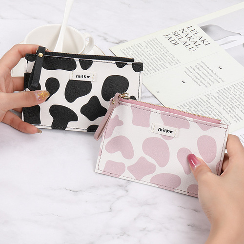 Small Wallet for Women, Korean Version, New Cute Cow Design, Ultra-Thin Zero Wallet, Zipper Multi-Card Slot, Large Capacity Portable Money Clip for Women