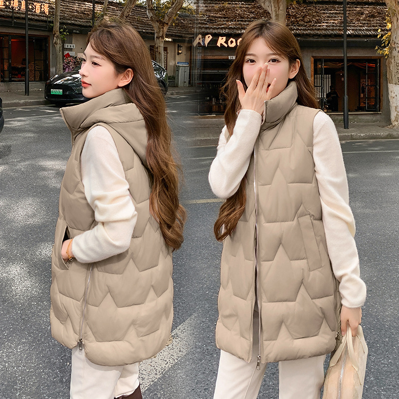 2025 invierno nuevo chaleco de moda de mujer con capuzas estilo extranjero delgado abrazadera de caballo de algodón sin mangas hombro con chaleco exterior