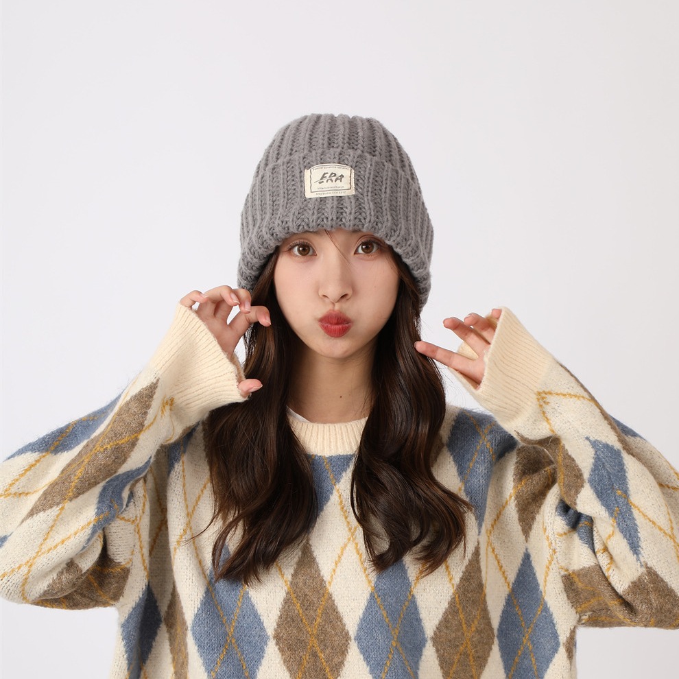 Couples pile up hats with yarn, versatile men women in autumn and winter, Korean knitted for warmth, big head loose hat_voghion.com