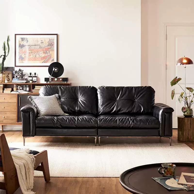 Nebula sofá sofá de cuero de piel de vaca de cera de aceite negro brillante respaldo alto pequeño apartamento retro estilo antiguo estilo Nanyang