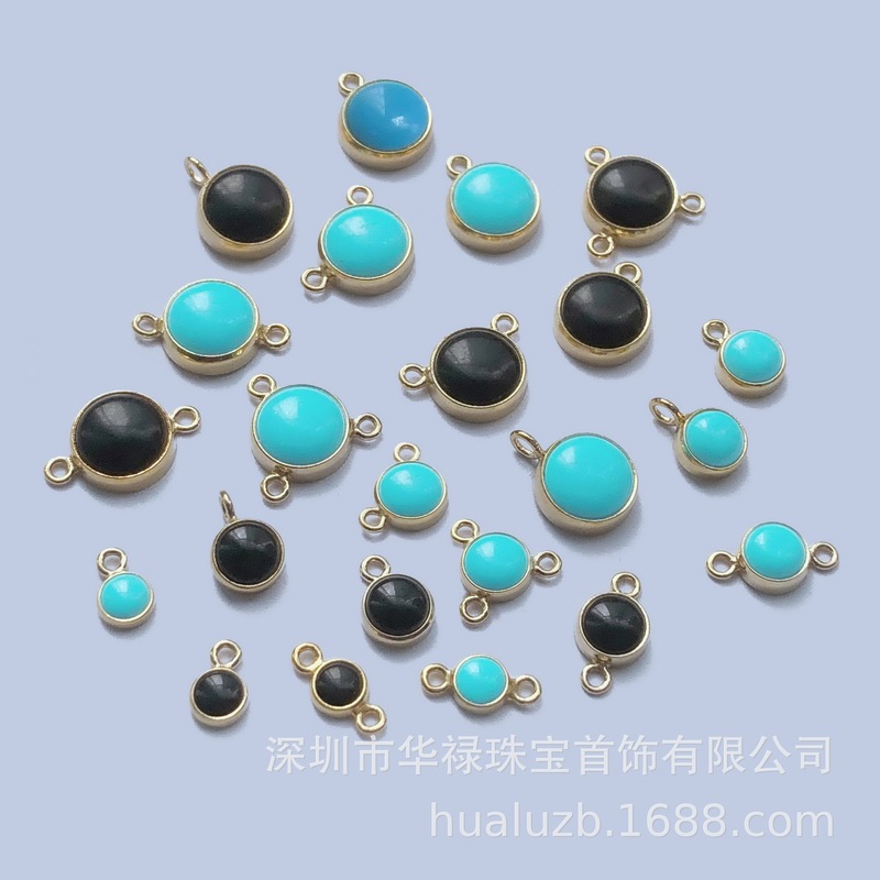 American 14K Gold-Plated Round Synthetic Turquoise Agate Stone Pendant Three-Ring Mickey Connector DIY Accessories