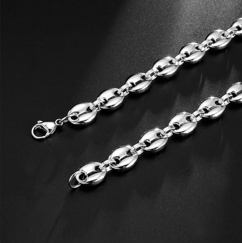 Edelstahl Kaffeebohnenketten Halskette Und Armband Set Silber_voghion.com