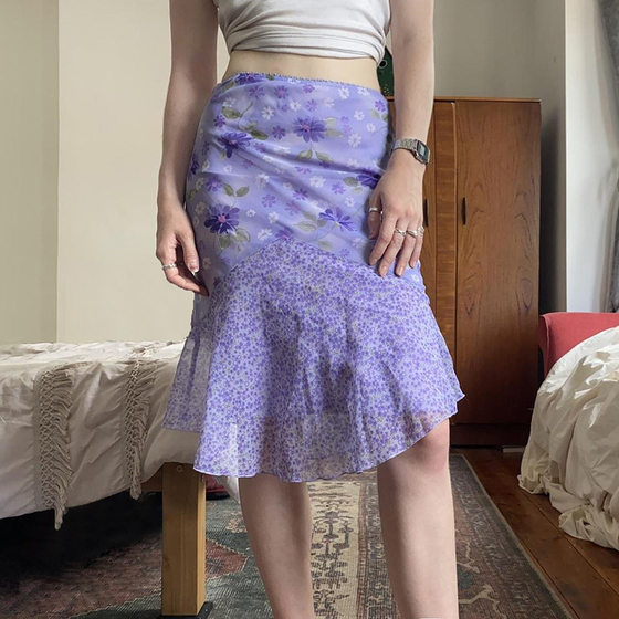 2025 spring brilliant purple floral printing contrast color stitching low waist hip small fresh skirt cross-border women's clothing