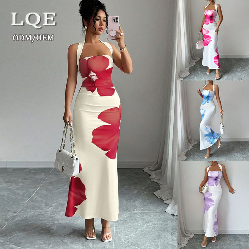European and American Foreign Trade Women's Clothing Independent Site Hot-Selling Long Dress Halter Neck Backless Long Dress Bodycon Printed Dress