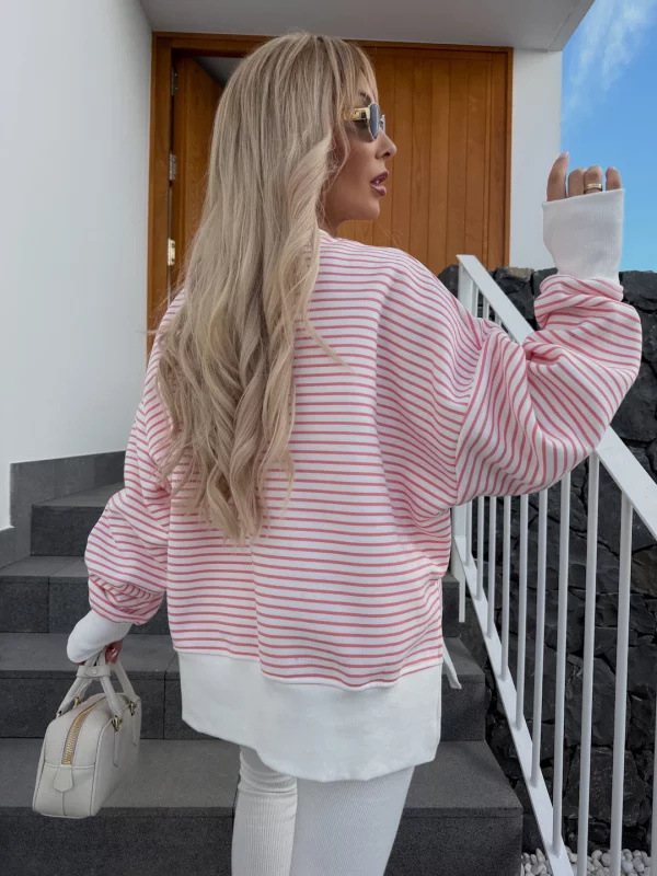 ヨーロッパとアメリカのクロスボーダー婦人服アマゾン独立ステーションルーズカジュアルストライプスウェットシャツレディースファッションスーツ|undefined