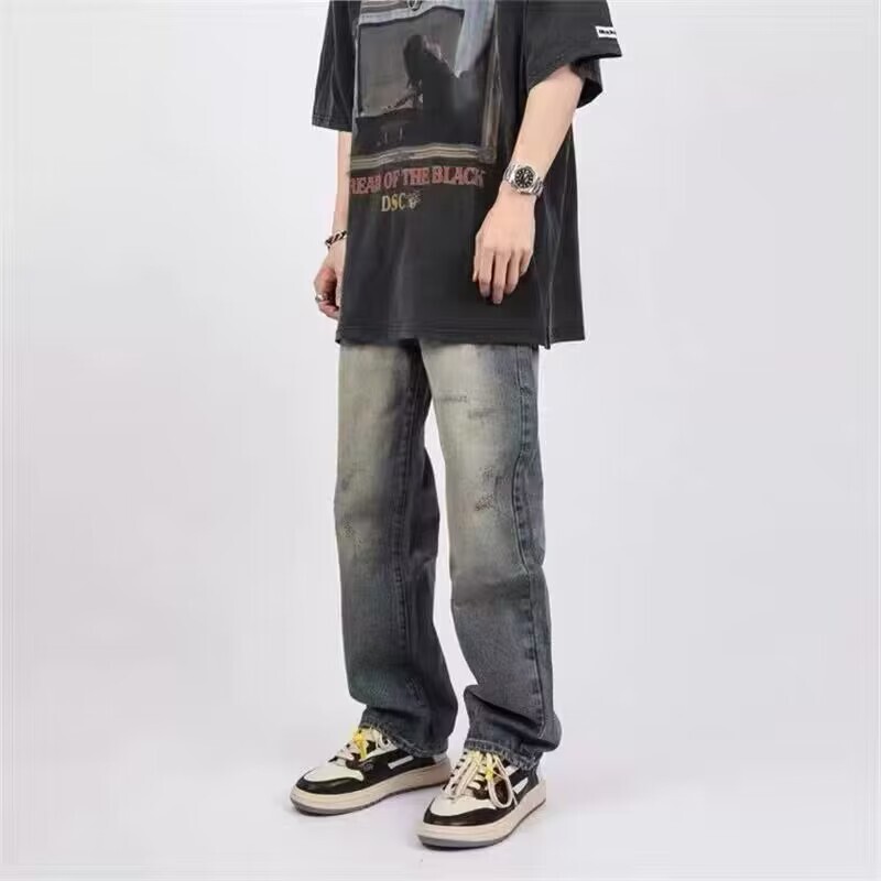 Pants ins high street American retro straight loose washed khaki jeans fashion brand men's draping trousers