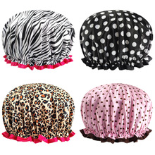 双层浴帽印花色丁布PEVA女士可爱卡通沐浴帽成人帽批发亚马逊新款