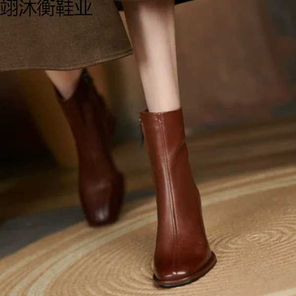 Thick Heel Ankle Boots Women's 2024 Autumn and Winter New Women's Boots Simple Square Head High Heel Boots Side Zipper Fashionable Middle Leather Boots